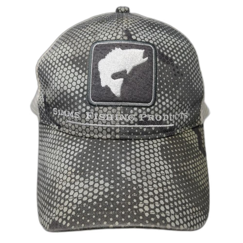 Simms Trucker Hat Gray One Size Mesh Snapback Fishing Hex Camo Bass Logo Patch